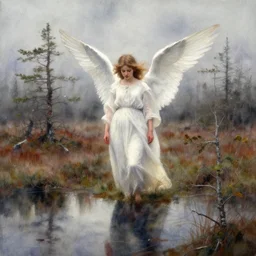 watercolor painting of a angel girl scandinavian bog, reflective, fog, ambient lighting, art by anders zorn, wonderful masterpiece by greg rutkowski, cinematic light, american romanticism by greg manchess, creation by tyler edlin