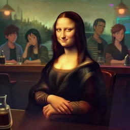 portrait of emo cyberpunk mona lisa sitting at a cyberpunk bar. character design by disney, charlie bowater, ross tran, artgerm, and makoto shinkai, detailed, soft lighting, rendered in octane