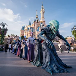 wide angle photo of an eldritch horror waiting in line at disneyland, high resolution photo
