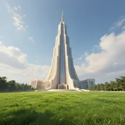 the single magical tall tower fantasy building, grass field, grand landscape building art by donato giancola and greg rutkowski, digital art, trending on artstation, symmetry!!, epic composition, wide angle shot