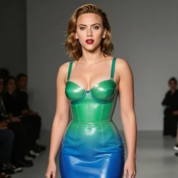 young sexy d - cup bra size scarlett johansson wearing green fading to blue latex dress high - end fashion photoshoot