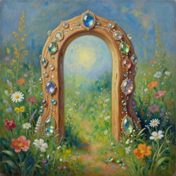 a beautiful painting of a magical portal made of wood and glowing jewels in a field of flowers by moebius