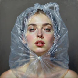 fine art portrait oil painting of a beautiful woman with garbage flying into her face, wearing a plastic garbage bag, fine features, perspective, ultra detailed, elegant, intricate, dynamic lighting, hyperrealism, sharp focus, art by peter mohrbacher and tom bagshaw and andrei riabovitchev