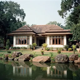 a beautiful aesthetic indian house with large windows and garden, on a lake, surrounded by rocks and trees, summer, central india, 1 9 9 0 s, by alex webb, by gregory crewdson, featured on architecture daily, shot on large format film, grainy, cinematic composition, beautiful volumetric lighting, no frames