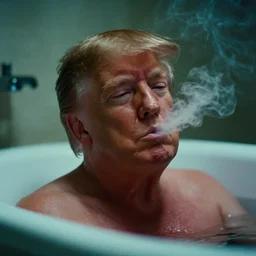 closeup of donald trump in a bathtub smoking, cinematography of christopher doyle, neon gloomy light, anamorphic, optical flares, kodak film, sharp focus, realistic, 8 k
