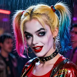 closeup headshot of seductive harley quinn in the rain, bladerunner, tension, jim lee, frank miller, night club, futurepunk, pinup, nagel, arney fretag, vibrant, greg rutkowski, octane!