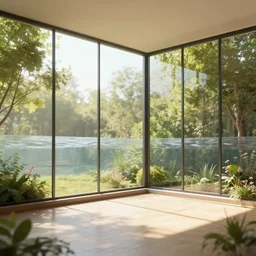 a room, sunlight, glass walls, water levels, trees, shrubs, flowers, warm and calm, ultra detailed, V-ray, archviz rendering, smooth colors,
