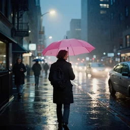 gediminas pranckevicius street of new york photography, night, rain, mist, a umbrella pink, cinestill 8 0 0 t, in the style of william eggleston