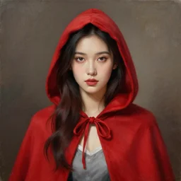 a professional painting of Red Riding Hood olive skin long dark hair beautiful bone structure symmetrical