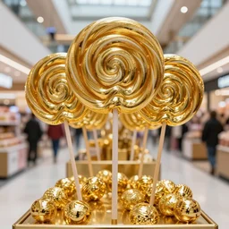 golden lollipop on a showcase in a shopping center, realism, photo, photorealistic, detailed, high quality, detailed, realistic, 8 k, hdr, 4 k