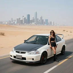 photograph of a cell-shaded Honda EK9 Type-R with a techwear woman , on a desert road with a futuristic city in the horizon, one point perspective, 1-point perspective, tilt shift, sigma 85mm f/1.4, 4k, depth of field, high resolution, 4k, 8k, hd, full color