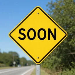 a road sign that says SOON