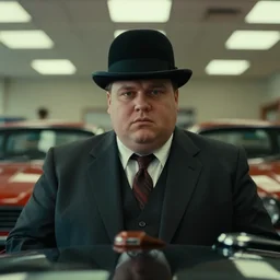 cinematic still of portly clean-shaven white man wearing suit and necktie and boater hat at car dealership in 1994 film, XF IQ4, f/1.4, ISO 200, 1/160s, 8K, RAW, dramatic lighting, symmetrical balance, in-frame