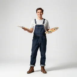 cheerful painter with palette, studio photography, full body, standing, isolated on a pure white background, centered, whole figure in frame, sharp focus, studio lighting