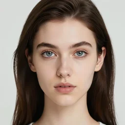 a skinny young woman, medium length dark - brown hair, blue - green almond - shaped eyes, long eyelashes, small ears, high cheekbones, oval face, thin eyebrows, upturned nose