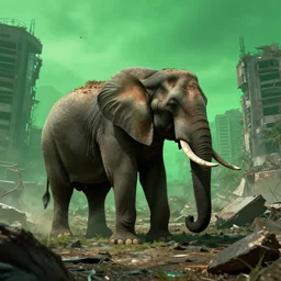 elephant in a post apocalyptic city where the sky is green