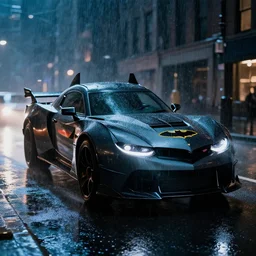 Batmobile on a Gotham City street, it's raining, it's night, dramatic lighting