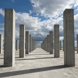 a flate endless plane of concrete covered in concrete pillars that go on to the horizon, open sky, blue sky with clouds