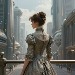 portrait of a victorian lady in a futuristic city, from behind, streets, beautiful, sci-fi, open sky, tall buildings, highly detailed, digital painting