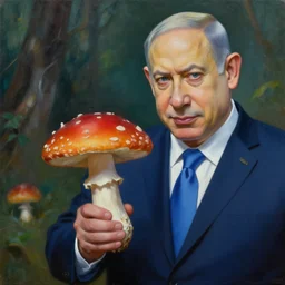 painting of benjamin netanyahu holding a mushroom, cinematic composition, trippy, sharp focus, by alex grey
