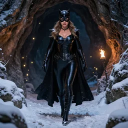 epic muscled Mila Kunis as Catwoman walking out of a deep dark cave, snowy winter, fireflies, torches, fantasy, intricate, elegant, highly detailed, tasteful art by artgerm and donato giancola and alphonse mucha, WLOP