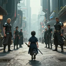 a portrait of a small person wearing a katana in the middle foreground walking in the street of a sci-fi city by Greg Rutkowski, Sung Choi, Mitchell Mohrhauser, Maciej Kuciara, Johnson Ting, Maxim Verehin, Peter Konig, final fantasy , mythical, 8k photorealistic, cinematic lighting, HD, high details, atmospheric,