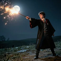 a young adult wizard with very detailed face, hair clothes and shoes points their wand fiercely from which a blast of bright magic flies from the end of the wand, on an empty moonlit hill, dramatic lighting, lens flare, cinematic photography
