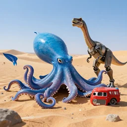 🐙 🐋 🦑🤖🦖🐙 👽 🐳 in desert, photography