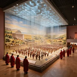 megalophobia!!!!! photo of a huge exhibit museum room, people wearing red robes looking at a huge tri - dimensional diorama depicting the full history of humanity, national art museum, scientific, ethereal, rule of thirds, endless non - euclidean geometry