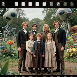sharp, highly detailed, 43456k film, 161800mm film still from a sci fi blockbuster color movie made in 2019, set in 1860, of a family standing in a park, next to some strange alien plants and flowers, on an alien planet, the family are all wearing 1860s era clothes, good lighting, enhanced faces, ultra high definition, in focus, 35mm macro lens