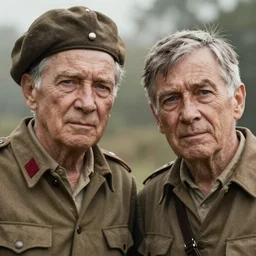 poignant portrait of two old war friends remembering their youth, the years weigh heavily in their eyes, nostalgia, melancholy, hyperrealistic