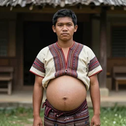 A young pre-colonial Filipino man in his 20s wearing traditional costume with a big pregnant belly, photographed by Steve McCurry