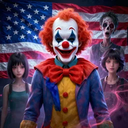 clown politician american flag smile scariest horror nightmare by beksinski and junji iyo and horiyoshi iii, digital art, deepdream cosmic, 3 d high definition, trending on artstation, hyper detailed, trending on deviantart, unreal engine