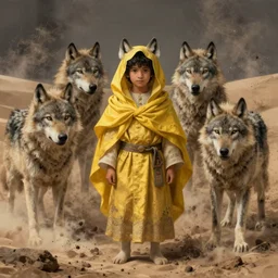 A epic and beautiful rococo painting of a young arabian boy half wolf covered in yellow cloth surrounded by wolves of ashes, standing before a desert of ashes. ultra-detailed. Anime, pixiv, UHD 8K CryEngine, octane render
