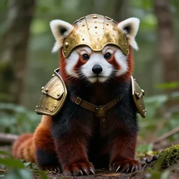 photo of humanised red panda armored with golden helmet in the forest