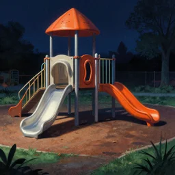 editorial illustration by Karolis Strautniekas and Mads Berg, colorful, lonely playground, fine texture, detailed, film noir,  contrast, dramatic lighting, dynamic composition, moody, vivid, volumetric, film grain, orange+blue+white+green