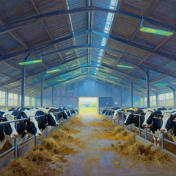 interior view of modern futuristic farm barn architecture, cows, detailed luminescent oil painting 4 k