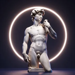 a neon ring around a 3 d render of the statue of david, in the style of michelangelo