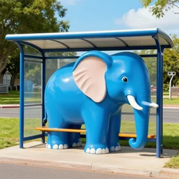 a perfect technicolor photograph of a elephant shaped bus shelter,
