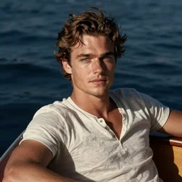 tommy michaelson a white skinned brown haired blue eyed man in a boat