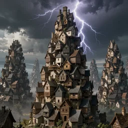 an infinite amount of medieval houses stacked on each other, concept art, very very very very tall, dramatic lightning, trending on deviantart, movie still, award wining photograph