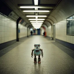 fujifilm superia photo of uncanny valley tiny robot, in the empty london underground, dirty, grainy, liminal