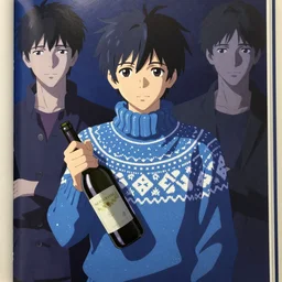 portrait of a drunk sapphire herald in an elegant winter sweater, holding a bottle, by makoto shinkai, by akihiko yoshida, by zdzislaw beksinski, by dariusz zawadzki, artbook, tone mapped, deep blues, shiny, soft lighting