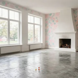 colour 3 5 mm, small empty enteral, big open shiny concrete floor, big windows, beautiful pastel wallpapers, stucco, fire place