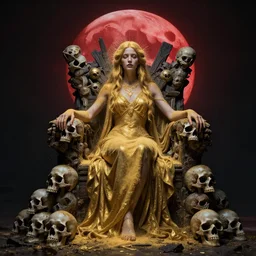 dark concept art of a goddess made of gold dust under a red moon, she is sitting on her throne made of human skulls, in the art style of vittorio reggianini, emil melmoth, full body, extremely detailed, 8 k