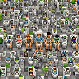 Photo of a sims 4 family sitting on the toilet while holding hands, video game, 4k, high quality, wide angle,