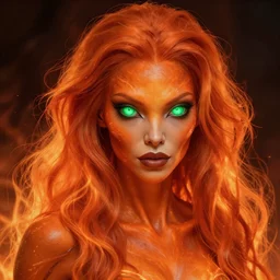beautiful female alien with glowing green eyes, orange skin and long fiery hair, concept art by Android Jones, highly detailed, ultra detailed, ultra realistic, trending on artstation