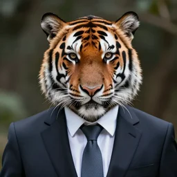 high quality portrait photo of an businessman tiger dressed in a dark suit and tie, Anthropomorphic, photography 4k, f1.8 bokeh, 4k, 85mm lens, sharp eyes