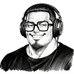 highly detailed ink illustration of a buff smiling man with long stubble, muscular neck, big square glasses and a black bowl cut, wearing a black tshirt and black headphones, b & w clean shaped illustration by kim jung gi, ron english and eiichiro oda