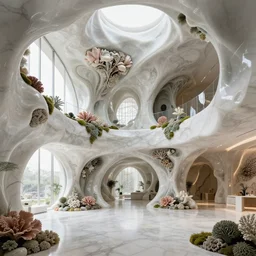 highly detailed ultra sharp 3 d render villa interior cinematic composition of a smooth ceramic porcelain biomorphic magnolia stone nebula fluid fractal sci - fi surreal architecture, white granite, corals, lichen, marble, moss, vincent callebaut composition, mamou - mani, archviz, beautiful lighting, 8 k, unreal engine, hdr,